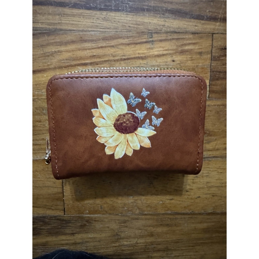 Women's Brown Zip-Around Wallet, Floral Flower Pattern, Credit Card Slots